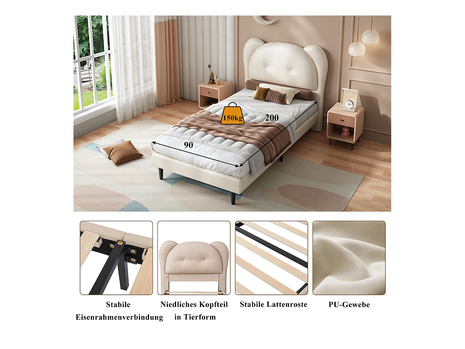 Lit rembourré enfant - 90 x 200 cm - avec tête de lit en forme d'animal  - PU - beige