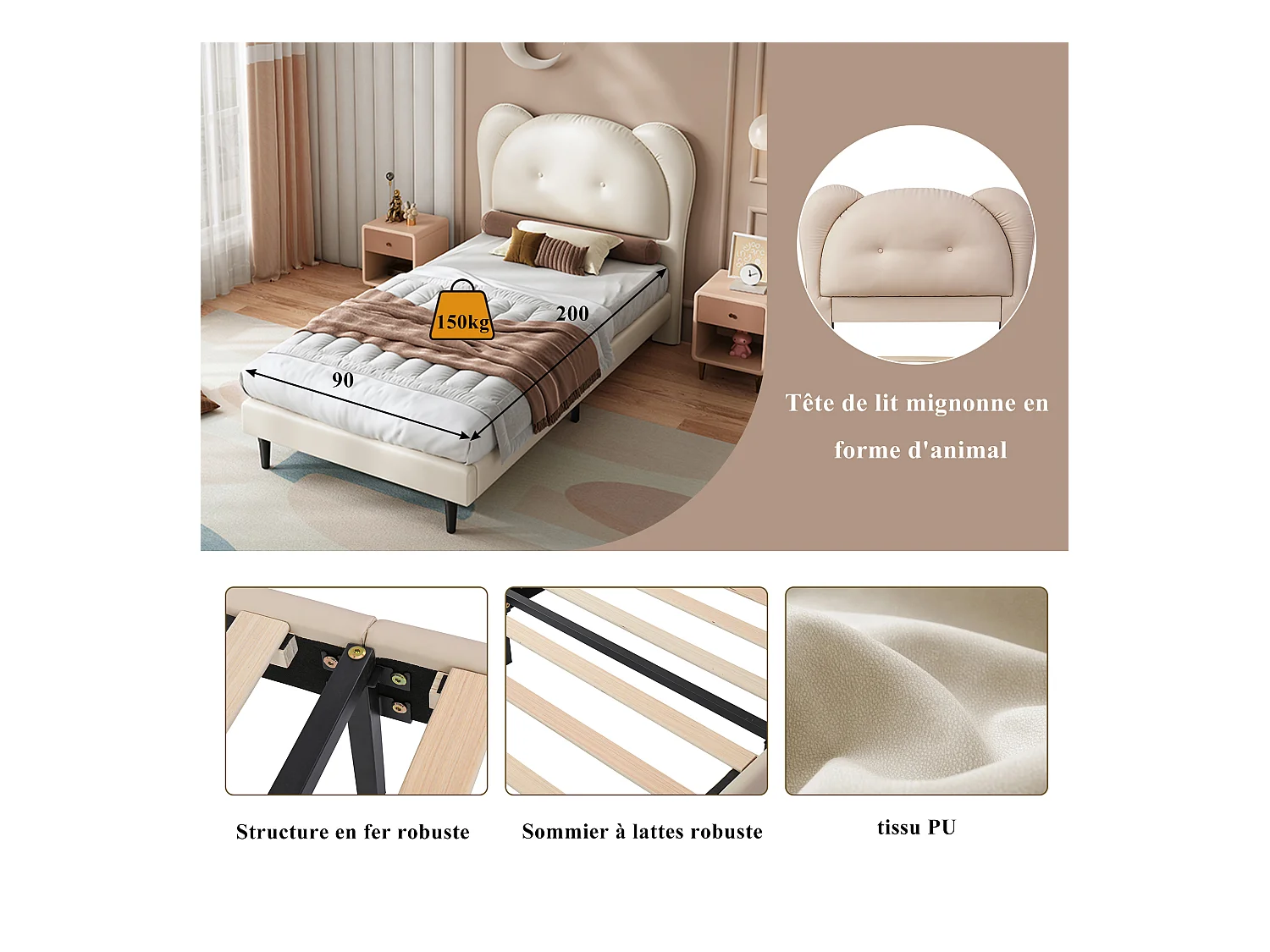 Lit rembourré enfant - 90 x 200 cm - avec tête de lit en forme d'animal  - PU - beige