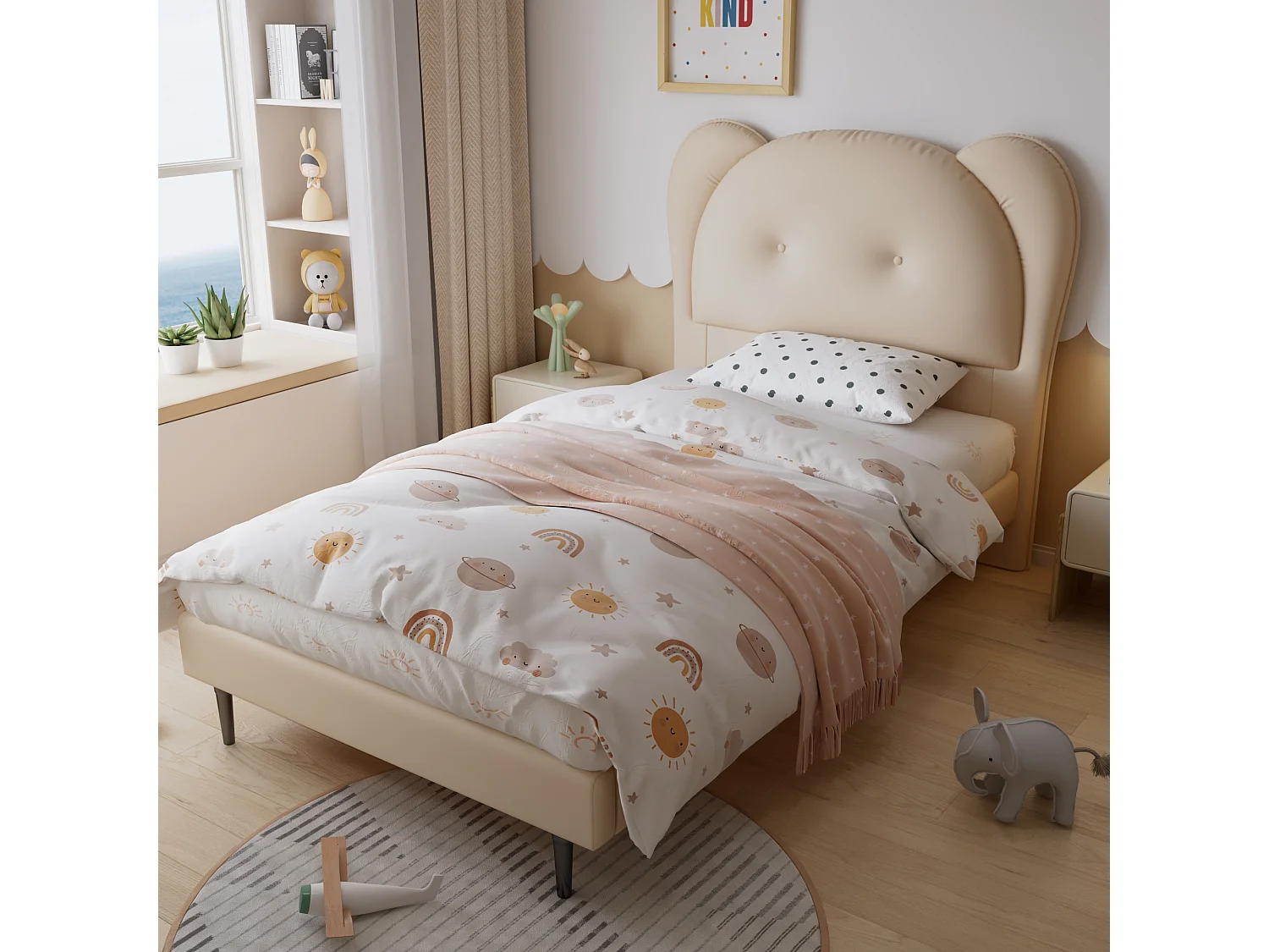 Letto imbottito per bambini - 90 x 200 cm - con testiera a forma di animale - PU - beige
