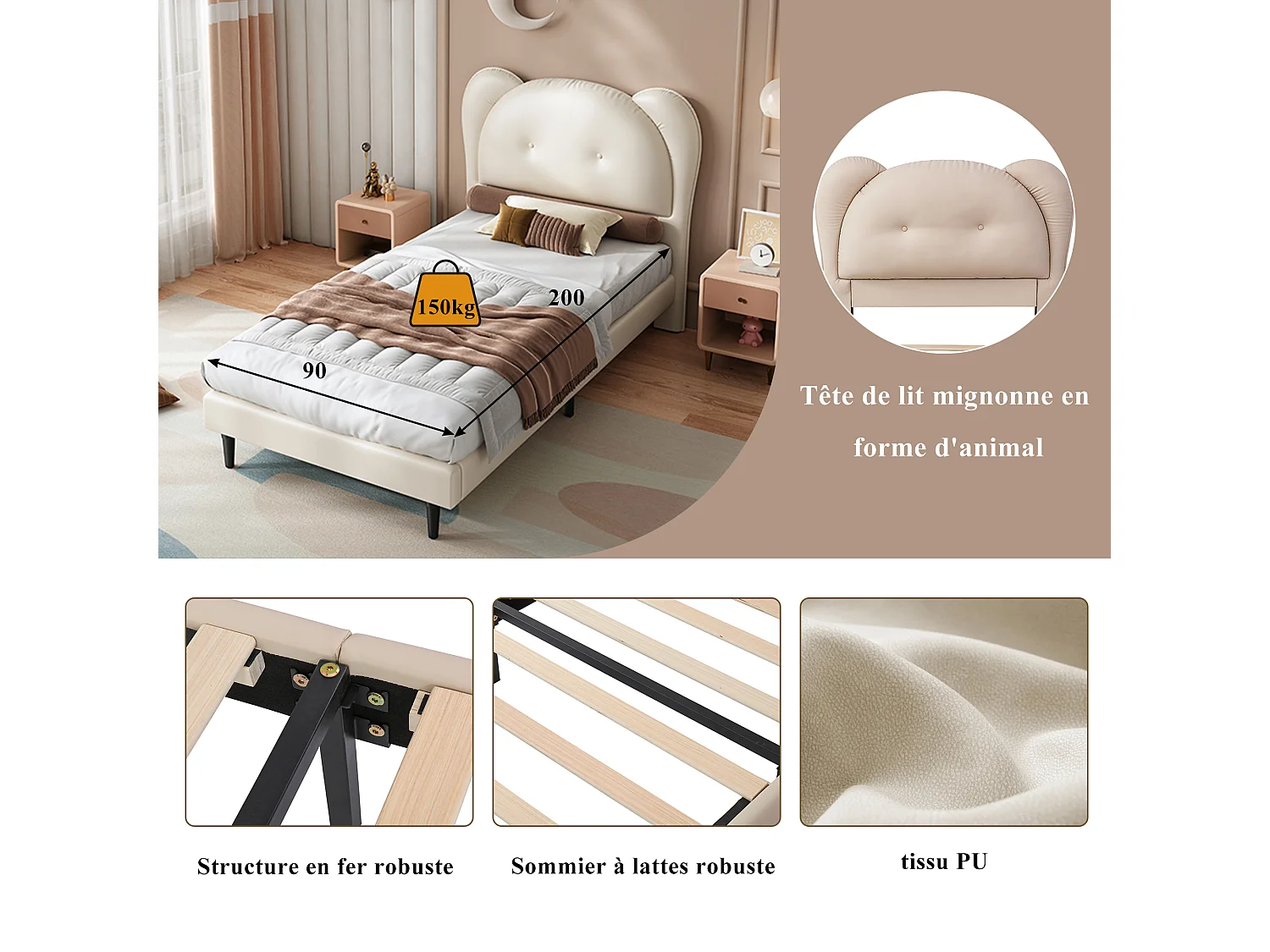 Letto imbottito per bambini - 90 x 200 cm - con testiera a forma di animale - PU - beige