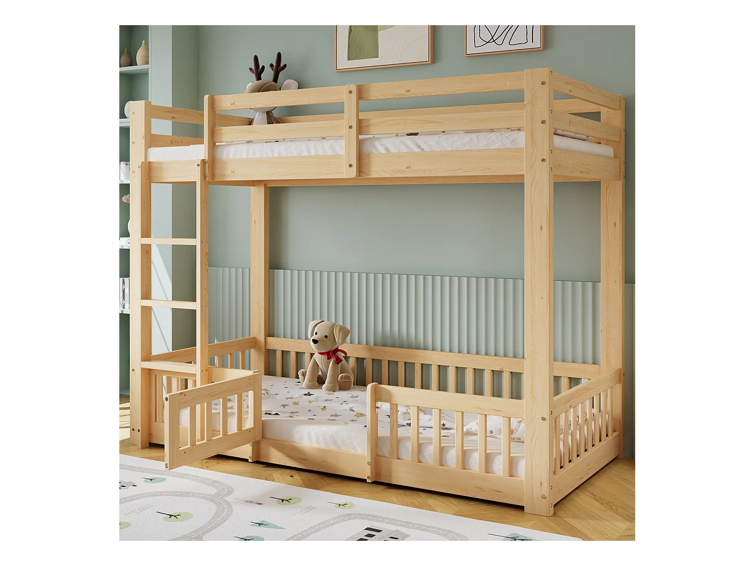 Kinder-Etagenbett - 2 x 90 x 200 cm - mit rechtwinkliger Treppe + Geländer + Tür natur - Holz - Natur