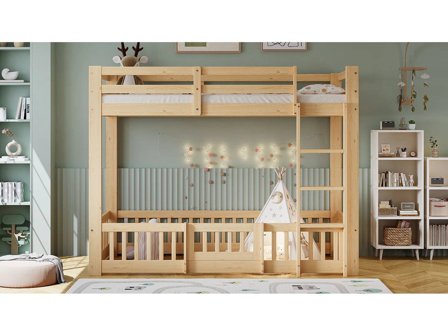 Kinder-Etagenbett - 2 x 90 x 200 cm - mit rechtwinkliger Treppe + Geländer + Tür natur - Holz - Natur