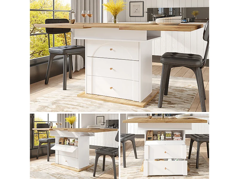 Stół jadalny składany dla 4-6 osób - 110-140 x 80 x 75 cm - rozkładany - z 1 drzwiami + 2 szufladami - MDF - biały