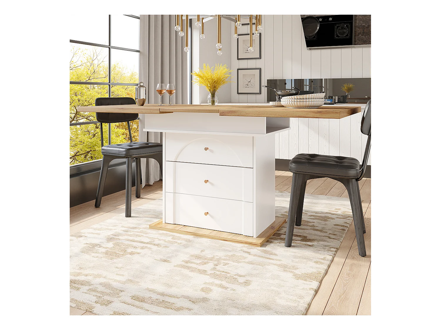 Mesa de jantar dobrável para 4 - 6 pessoas - 110-140 x 80 x 75 cm - extensível - com 1 porta + 2 gavetas - MDF - branco