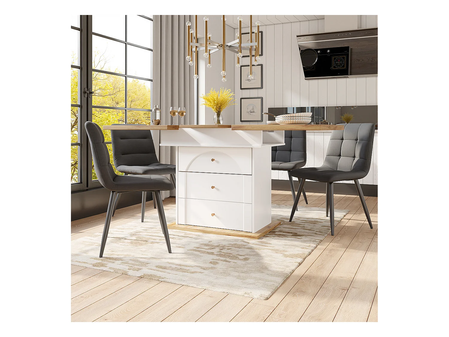 Mesa de jantar dobrável para 4 - 6 pessoas - 110-140 x 80 x 75 cm - extensível - com 1 porta + 2 gavetas - MDF - branco