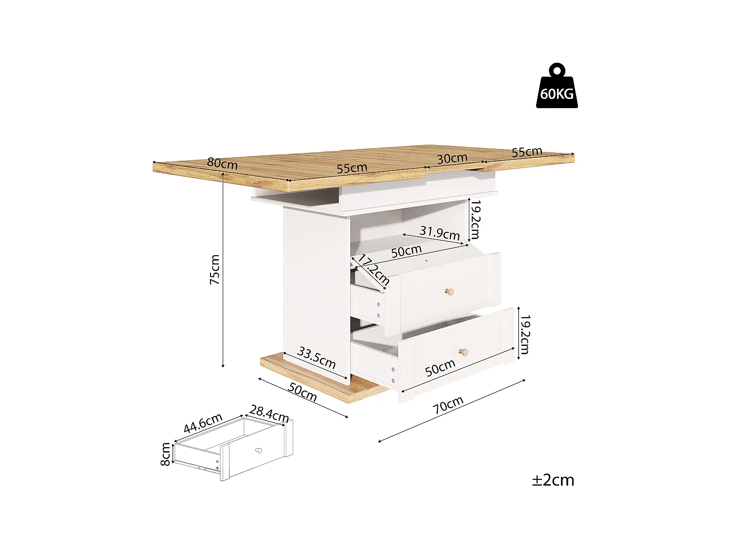 Mesa de jantar dobrável para 4 - 6 pessoas - 110-140 x 80 x 75 cm - extensível - com 1 porta + 2 gavetas - MDF - branco