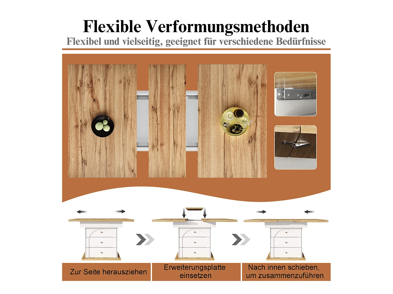 Mesa de jantar dobrável para 4 - 6 pessoas - 110-140 x 80 x 75 cm - extensível - com 1 porta + 2 gavetas - MDF - branco