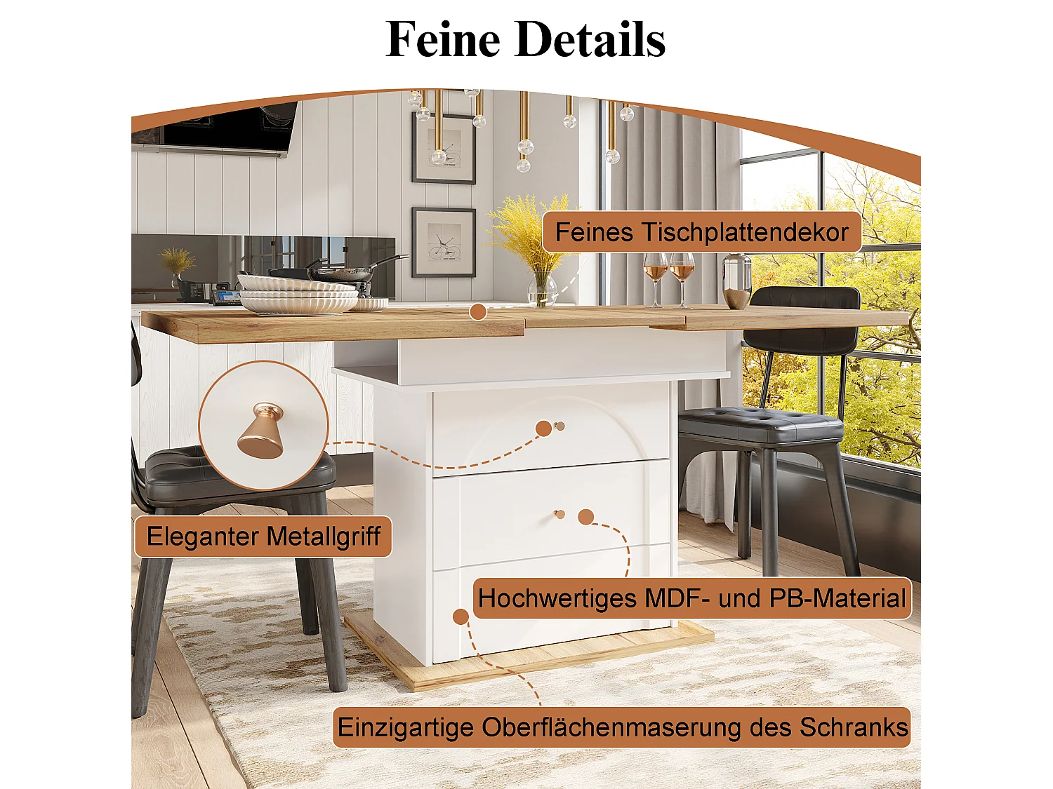 Table à manger pliable 4 - 6 places - 110-140 x 80 x 75 cm - extensible - avec 1 porte + 2 tiroir - MDF - blanc