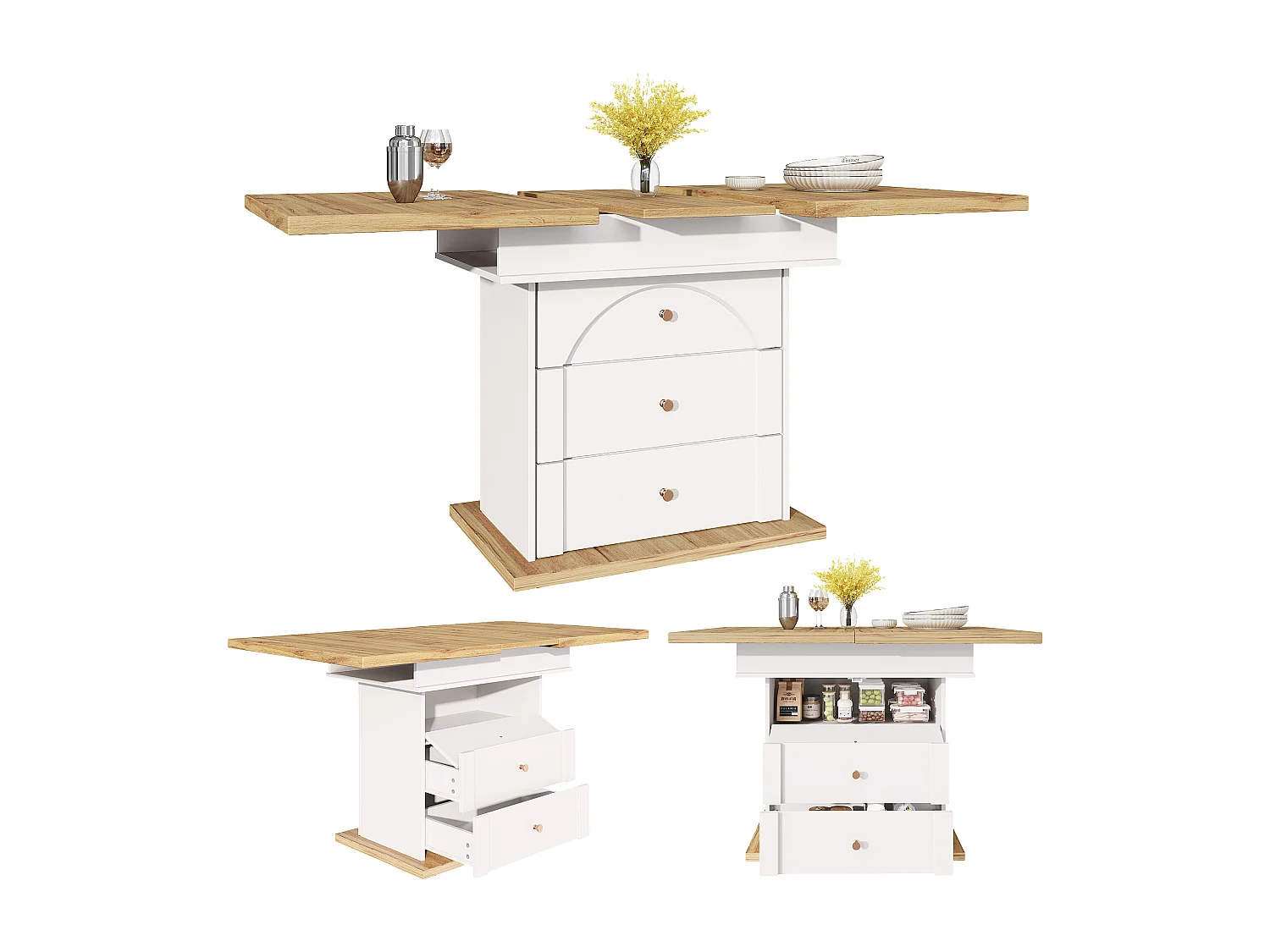 Table à manger pliable 4 - 6 places - 110-140 x 80 x 75 cm - extensible - avec 1 porte + 2 tiroir - MDF - blanc