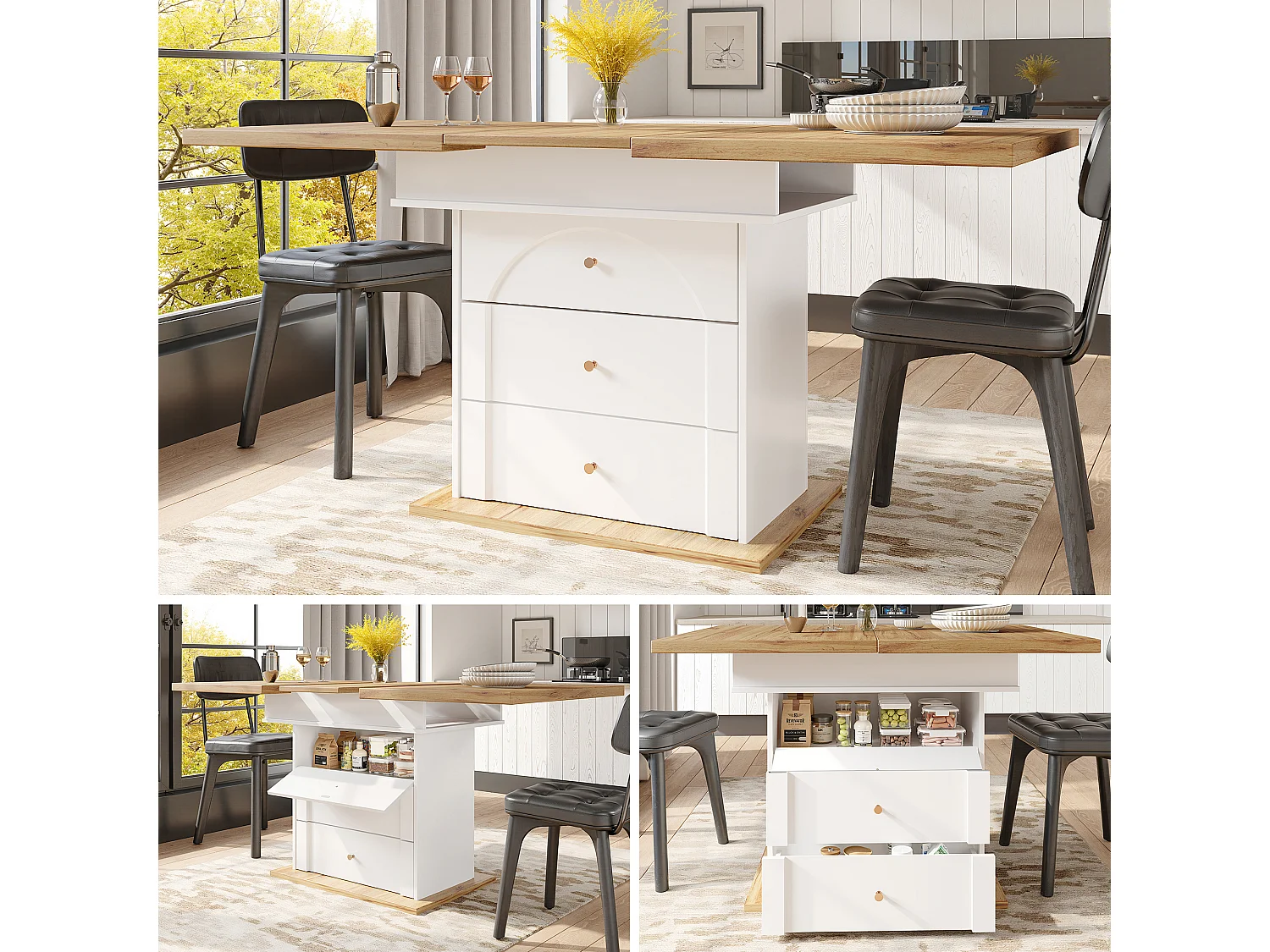 Table à manger pliable 4 - 6 places - 110-140 x 80 x 75 cm - extensible - avec 1 porte + 2 tiroir - MDF - blanc