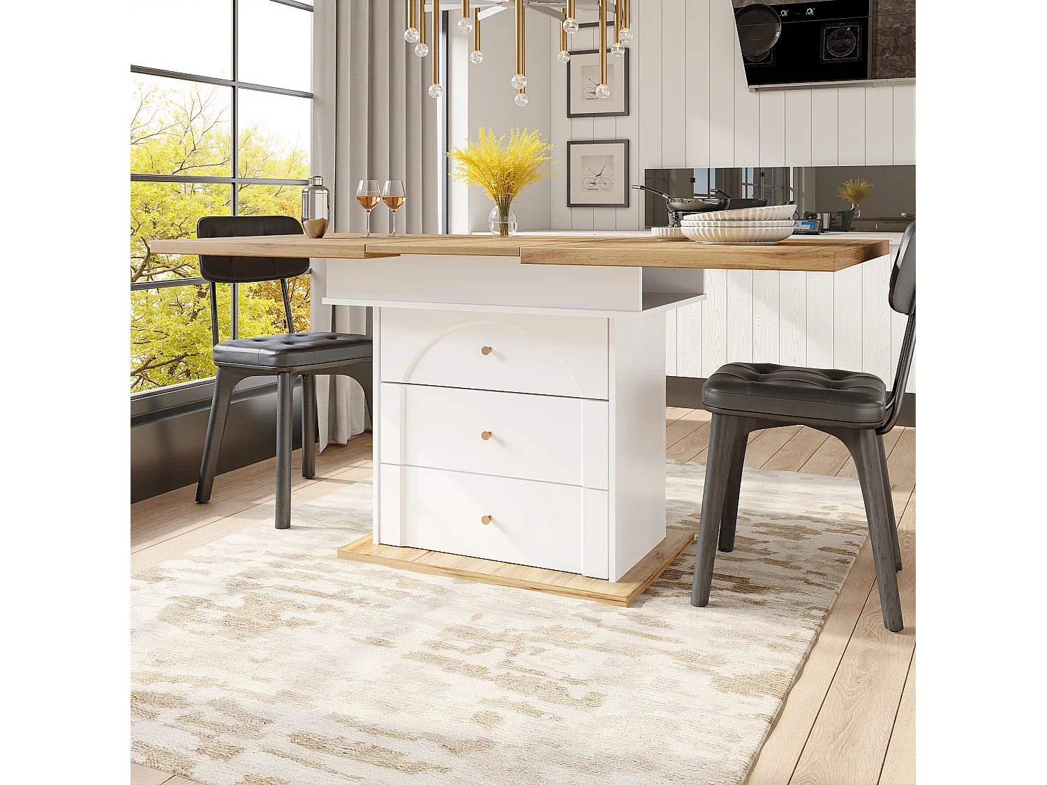 Table à manger pliable 4 - 6 places - 110-140 x 80 x 75 cm - extensible - avec 1 porte + 2 tiroir - MDF - blanc