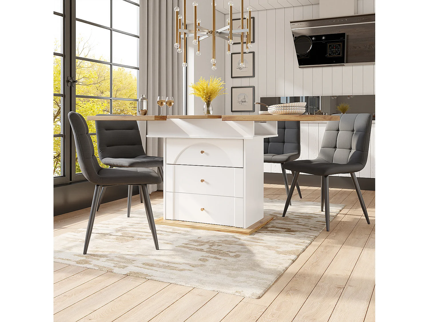 Table à manger pliable 4 - 6 places - 110-140 x 80 x 75 cm - extensible - avec 1 porte + 2 tiroir - MDF - blanc