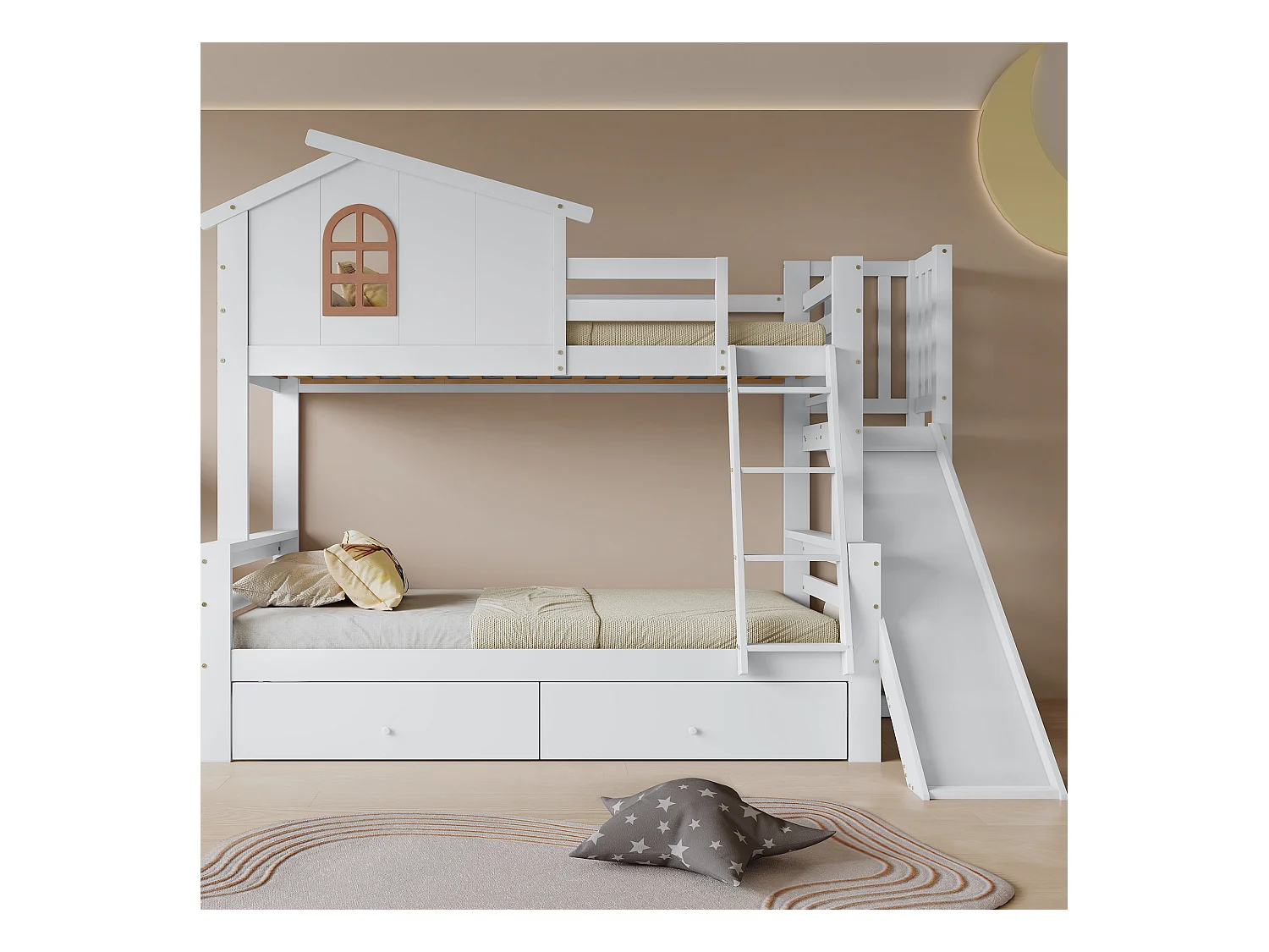 Lit superposés enfant - 90 x 200 cm + 120 x 200 cm - avec fenêtres + escalier + toboggan + 2 tiroirs - bois + MDF - blanc
