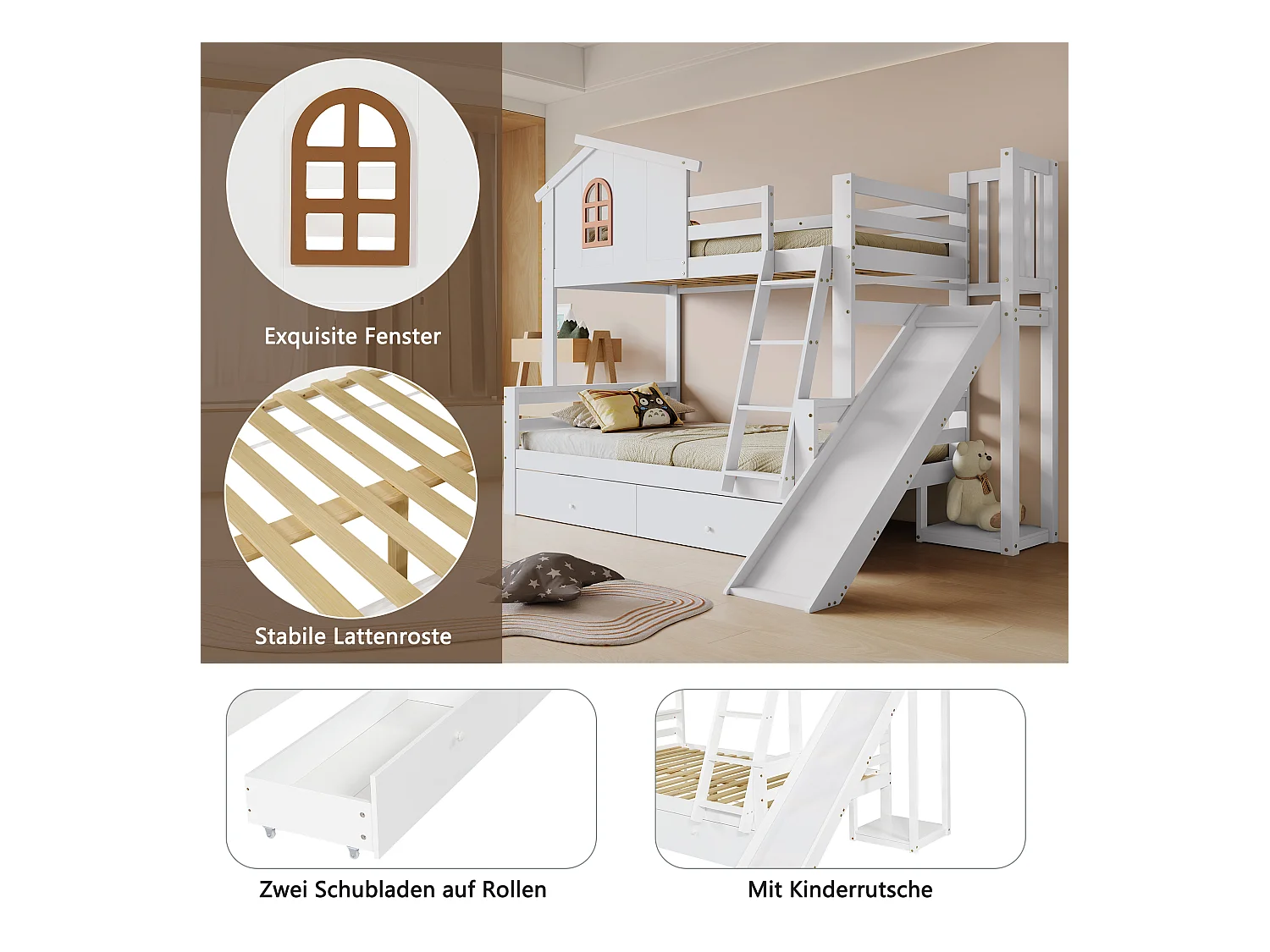 Lit superposés enfant - 90 x 200 cm + 120 x 200 cm - avec fenêtres + escalier + toboggan + 2 tiroirs - bois + MDF - blanc