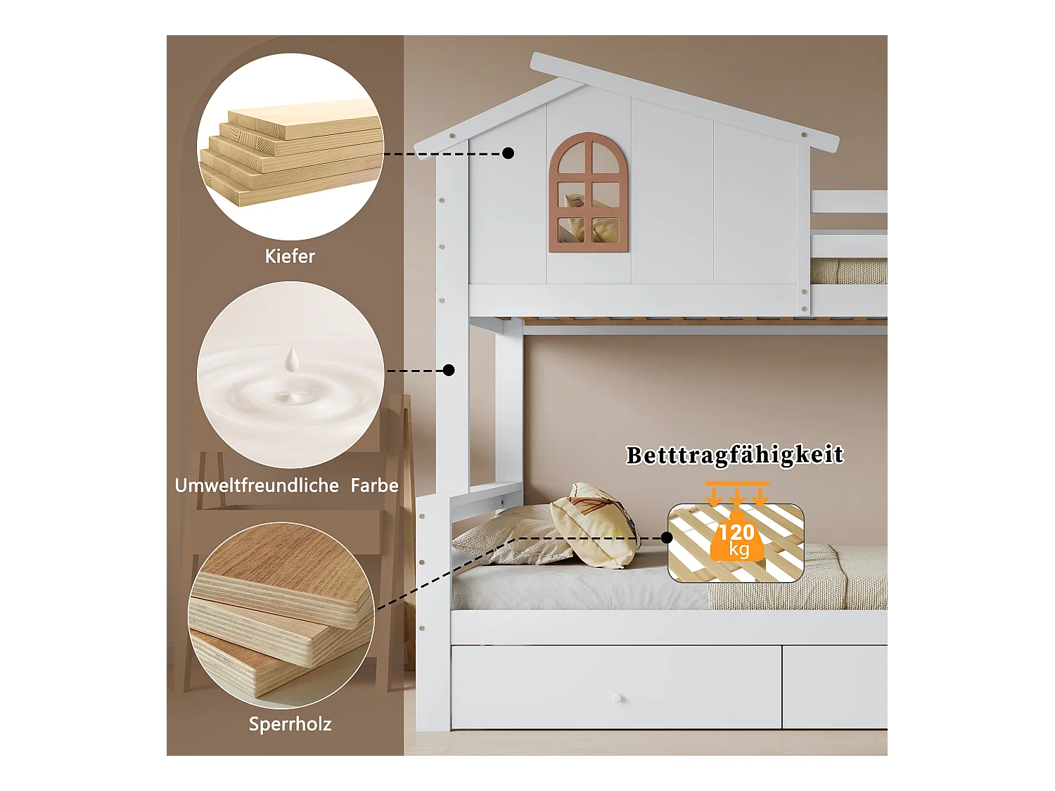 Lit superposés enfant - 90 x 200 cm + 120 x 200 cm - avec fenêtres + escalier + toboggan + 2 tiroirs - bois + MDF - blanc