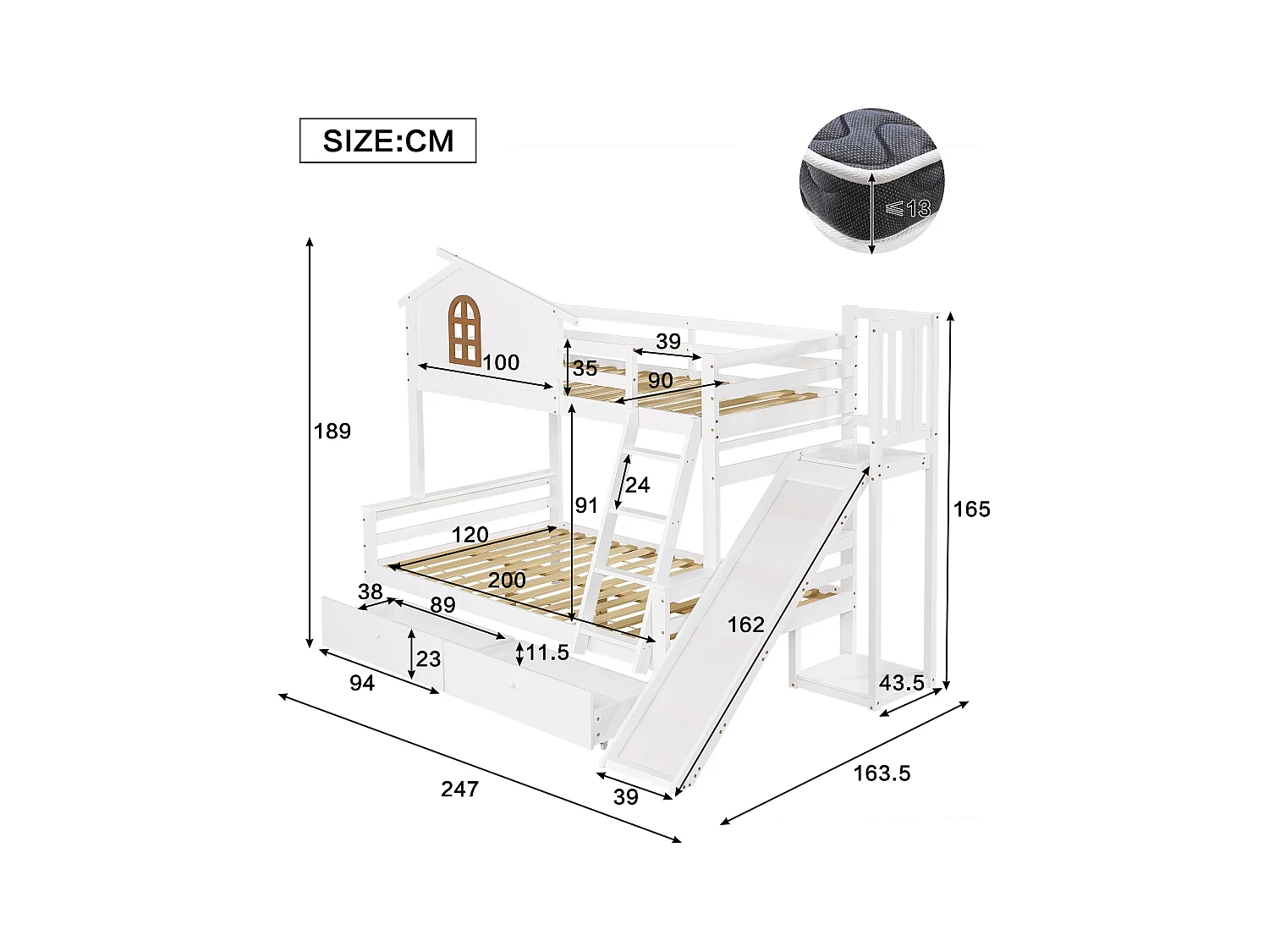 Lit superposés enfant - 90 x 200 cm + 120 x 200 cm - avec fenêtres + escalier + toboggan + 2 tiroirs - bois + MDF - blanc