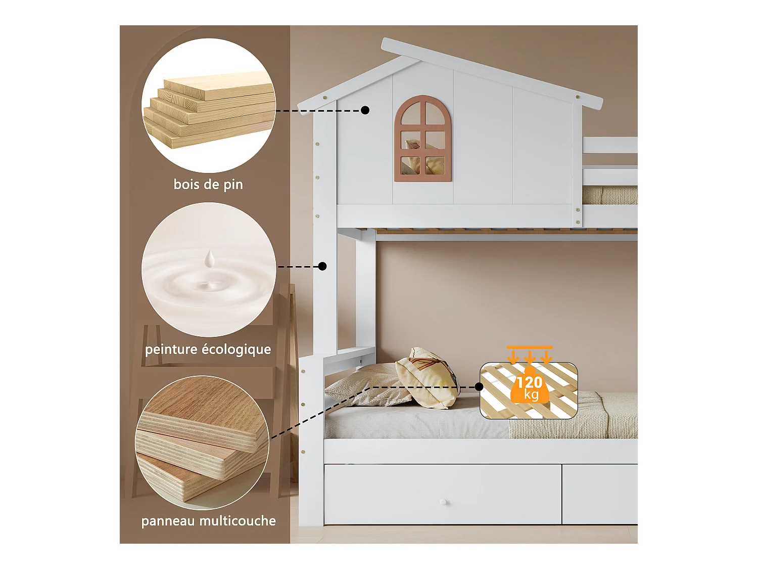 Lit superposés enfant - 90 x 200 cm + 120 x 200 cm - avec fenêtres + escalier + toboggan + 2 tiroirs - bois + MDF - blanc