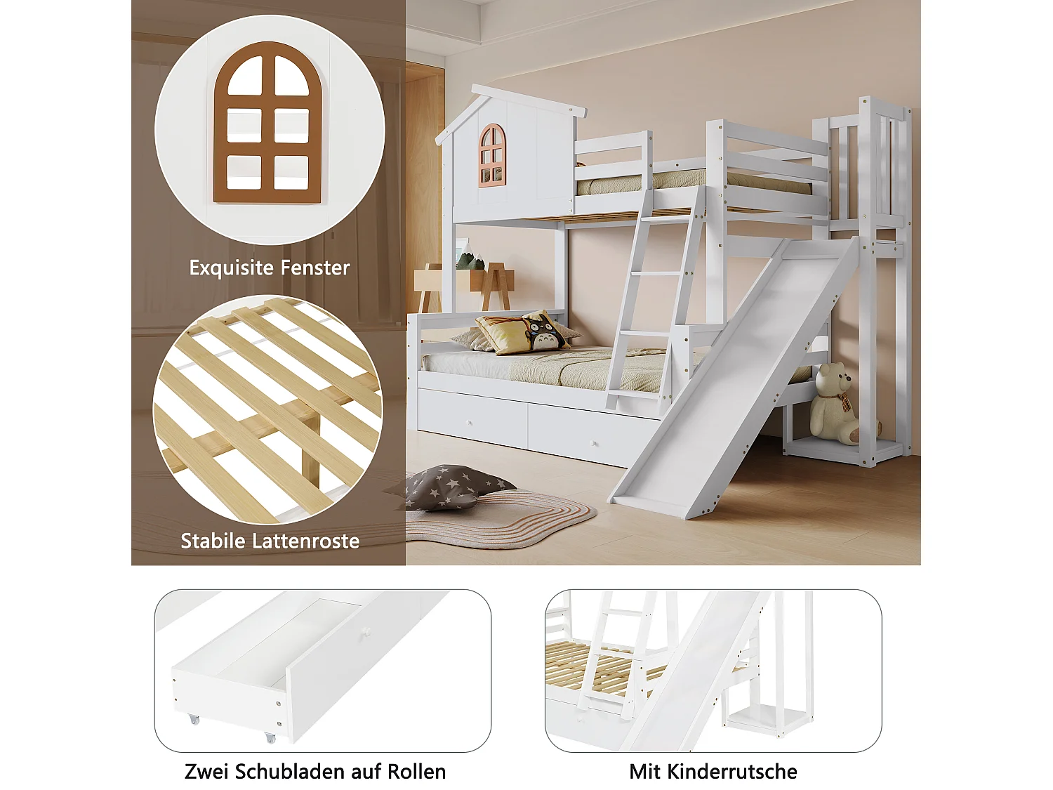 Letto a castello per bambini - 90 x 200 cm + 120 x 200 cm - con finestre + scale + scivolo + 2 cassetti - legno + MDF - bianco