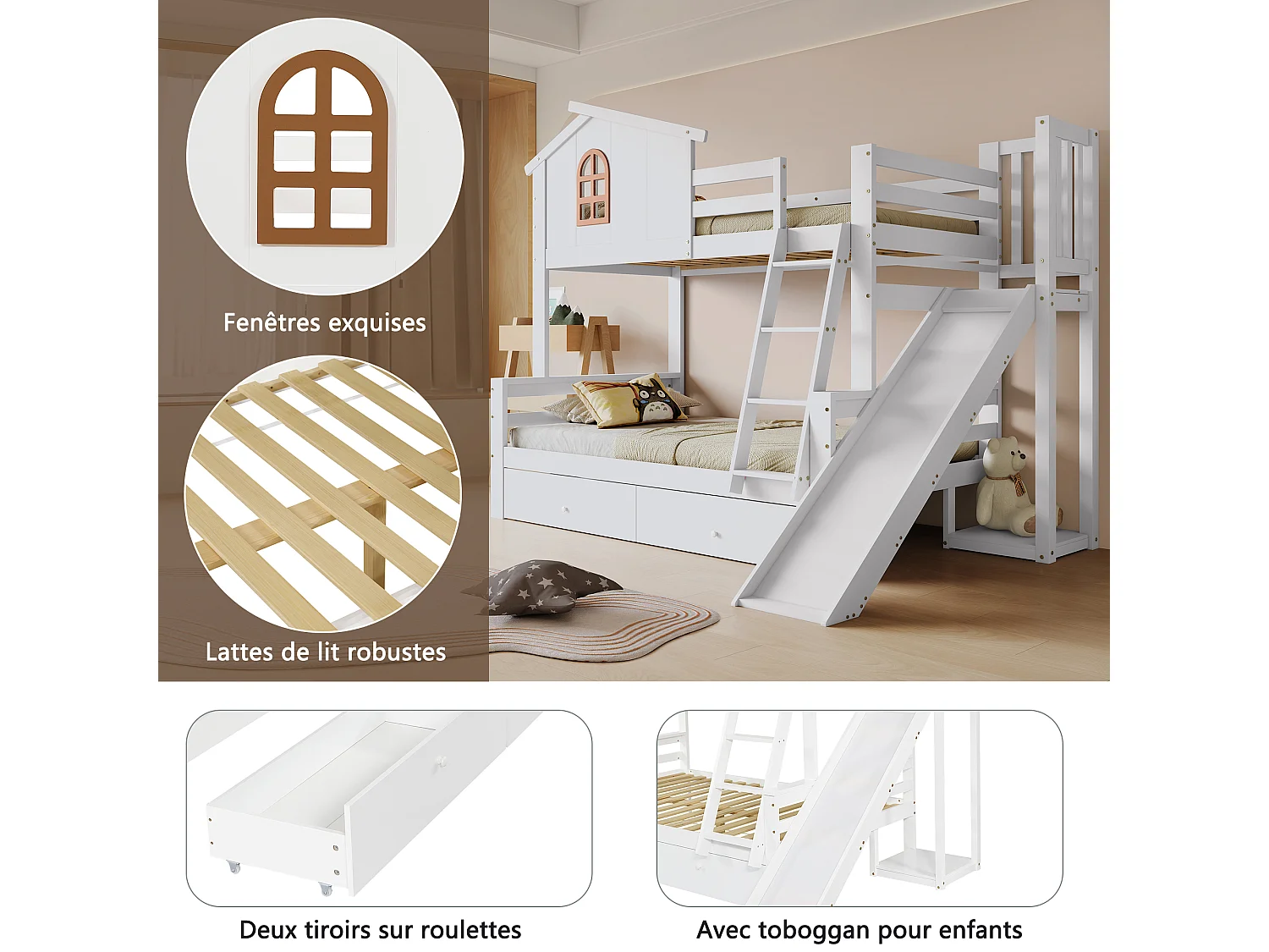 Letto a castello per bambini - 90 x 200 cm + 120 x 200 cm - con finestre + scale + scivolo + 2 cassetti - legno + MDF - bianco