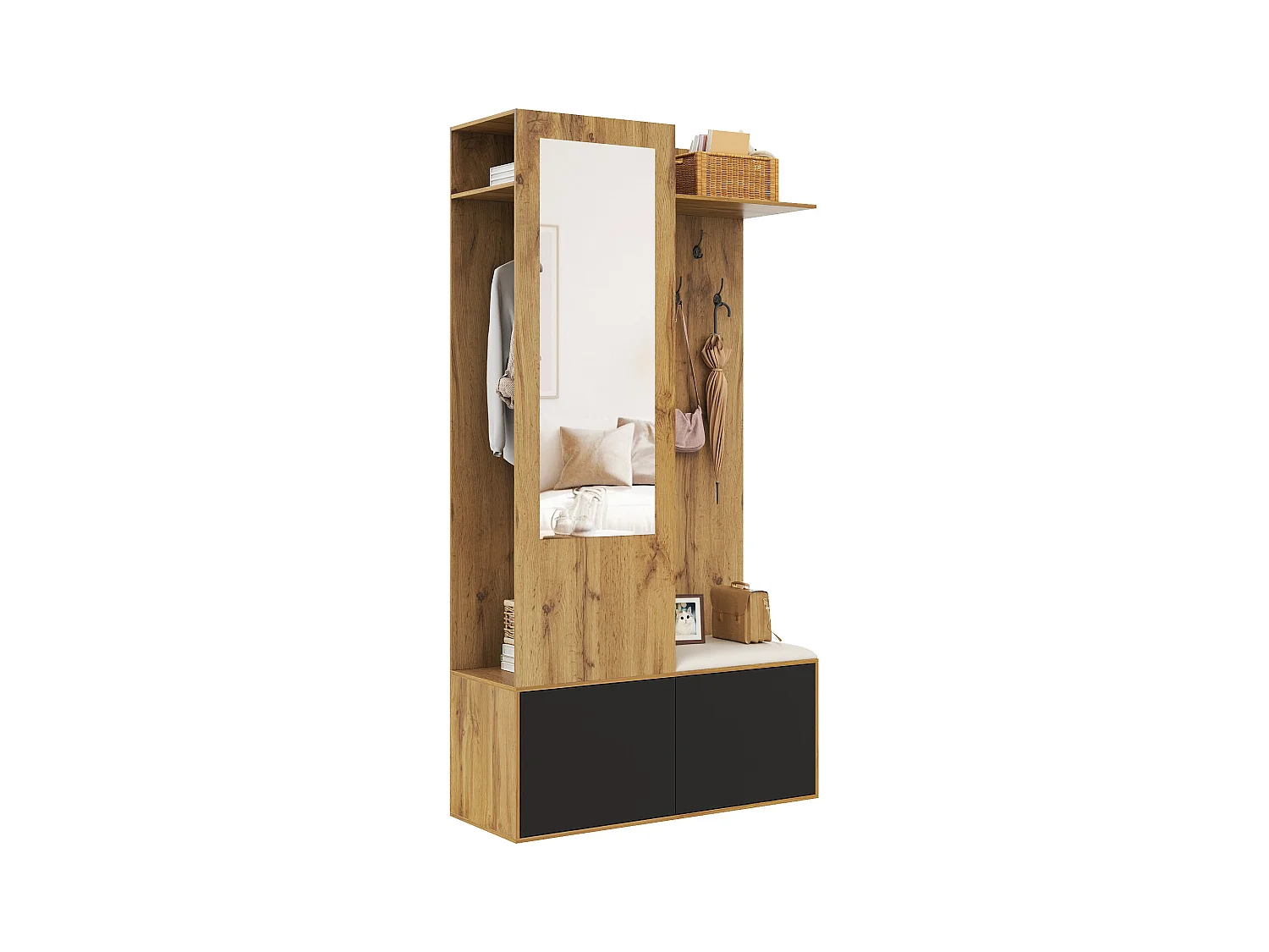 Vestidor con espejo - 100 x 38 x 191 cm - con zapatero + armario + 2 puertas + banco - MDF - natural