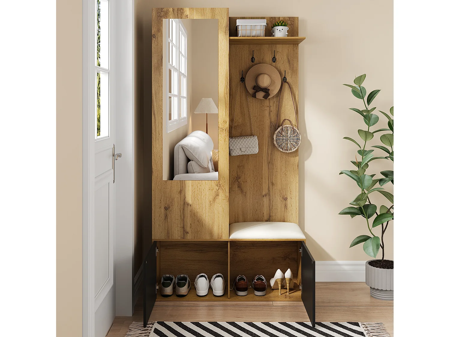 Spogliatoio con specchio - 100 x 38 x 191 cm - con scarpiera + armadio + 2 ante + panca - MDF - naturale