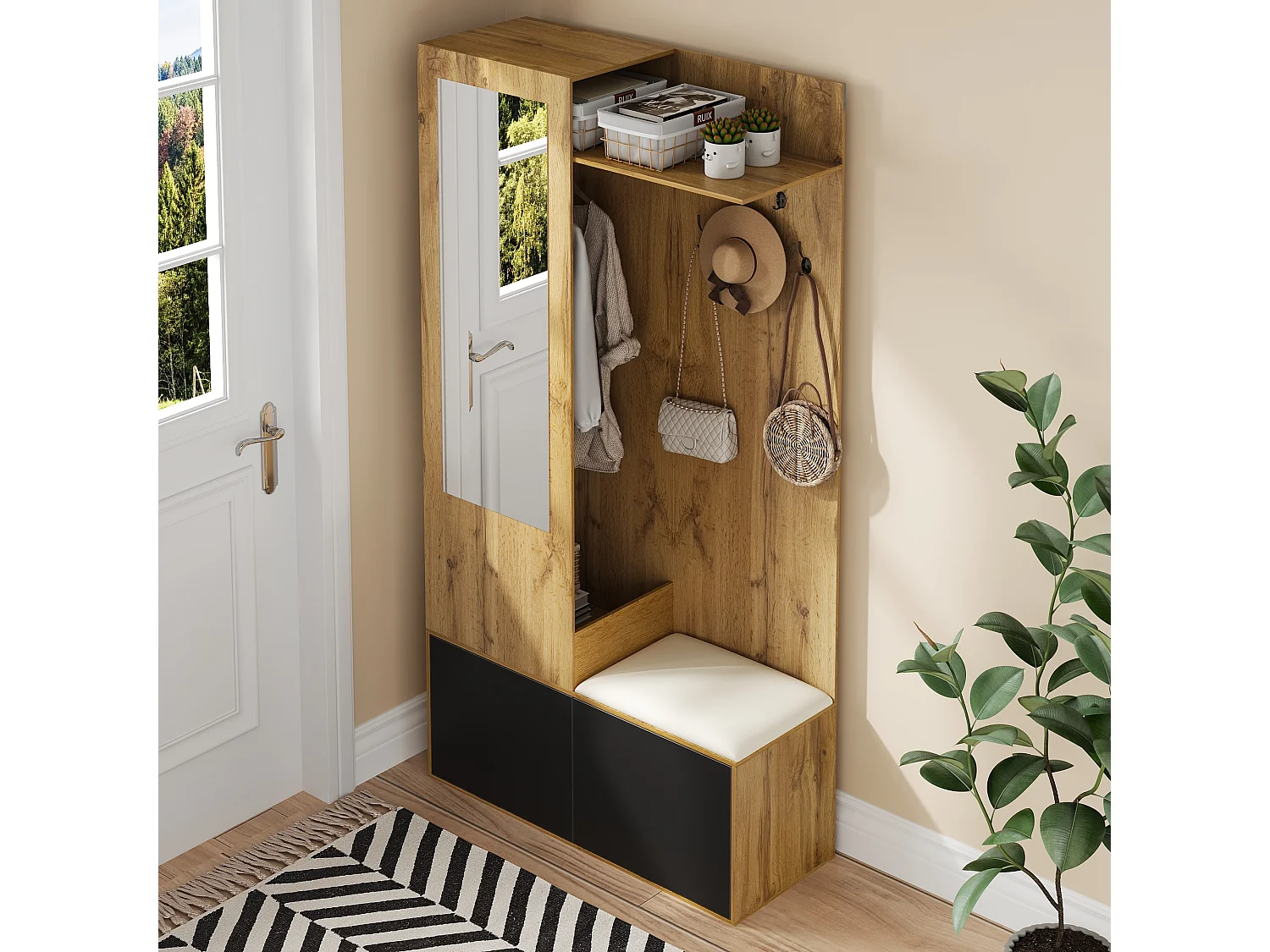 Spogliatoio con specchio - 100 x 38 x 191 cm - con scarpiera + armadio + 2 ante + panca - MDF - naturale