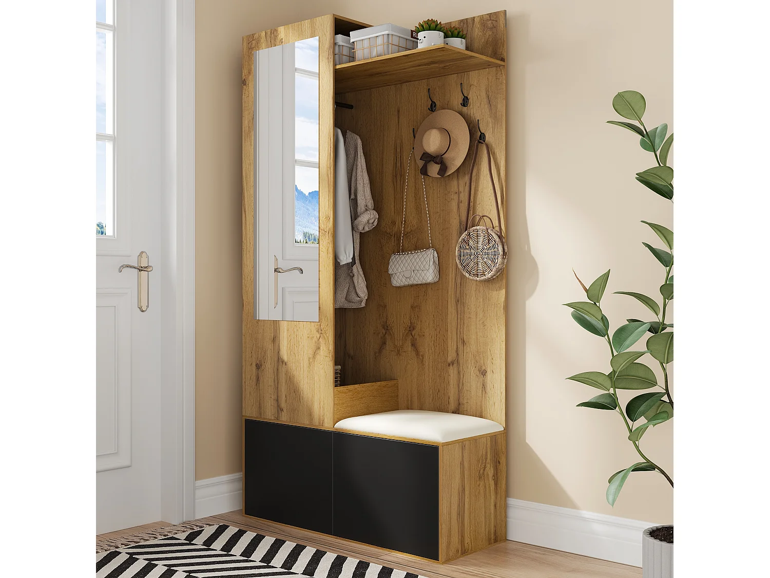 Spogliatoio con specchio - 100 x 38 x 191 cm - con scarpiera + armadio + 2 ante + panca - MDF - naturale