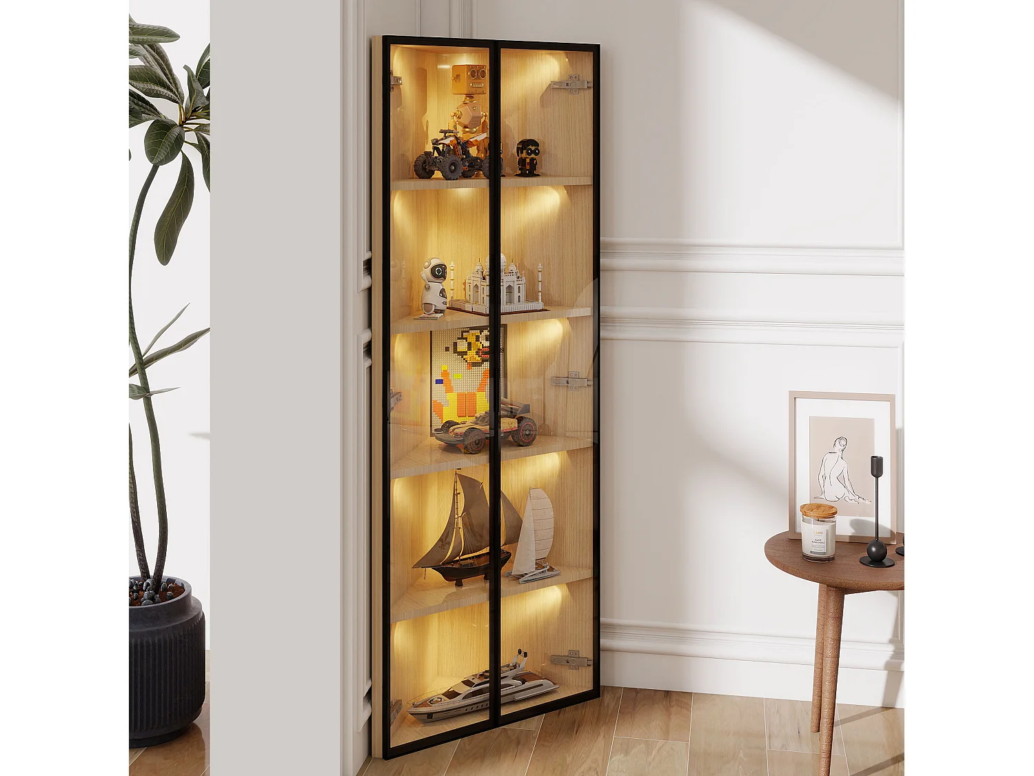 Witryna narożna z drzwiami - 62 x 35 x 160 cm - z diodami LED - szkło hartowane - MDF - światło naturalne