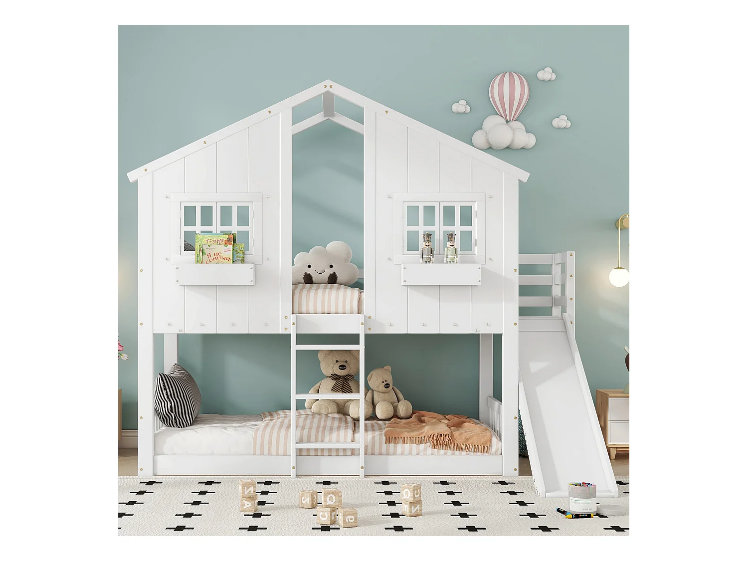 Lit superposé enfant - 2 x 90 x 200 cm - avec toboggan + toit et fenêtre + avec échelle -  pin + MDF - blanc