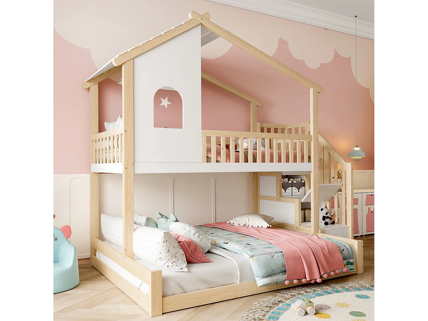 Kinder-Etagenbett - 90 x 200 cm + 140 x 200 cm - mit Stauraumleiter + Fenster - Kiefer - Natur + Weiß