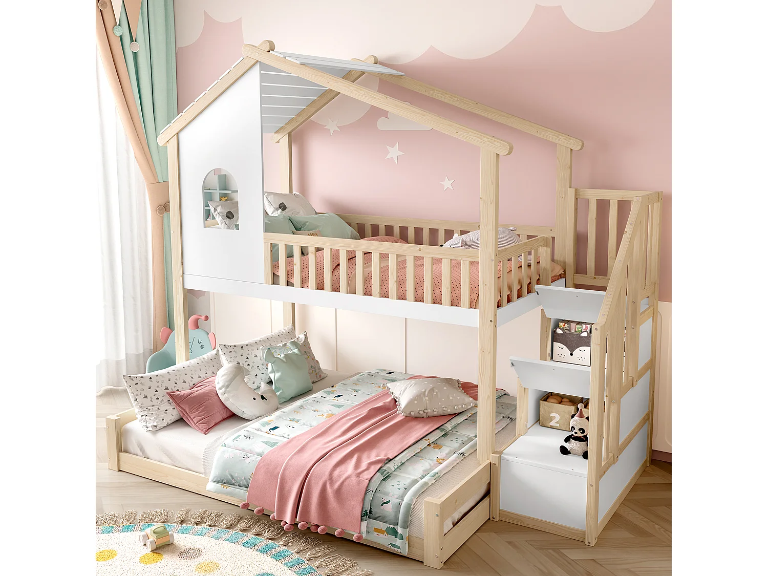 Kinder-Etagenbett - 90 x 200 cm + 140 x 200 cm - mit Stauraumleiter + Fenster - Kiefer - Natur + Weiß