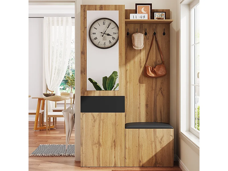 Szafka z lustrem - 98,5 x 38 x 191 cm - z szafką na buty + szufladą + 2 drzwi + ławką - MDF - naturalny