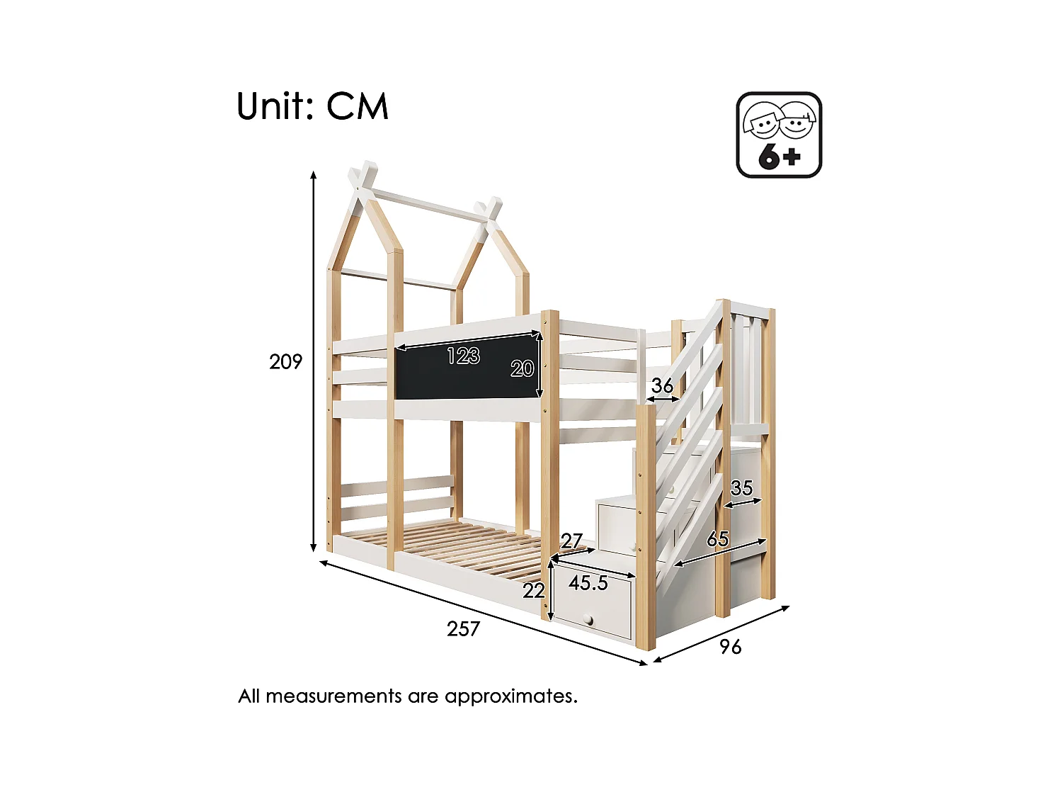 Kinderstapelbed - 2 x 90 x 200 cm - boomhut - opbergruimte in de trap - wit