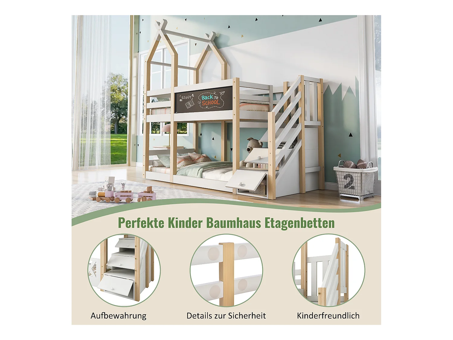 Kinderstapelbed - 2 x 90 x 200 cm - boomhut - opbergruimte in de trap - wit