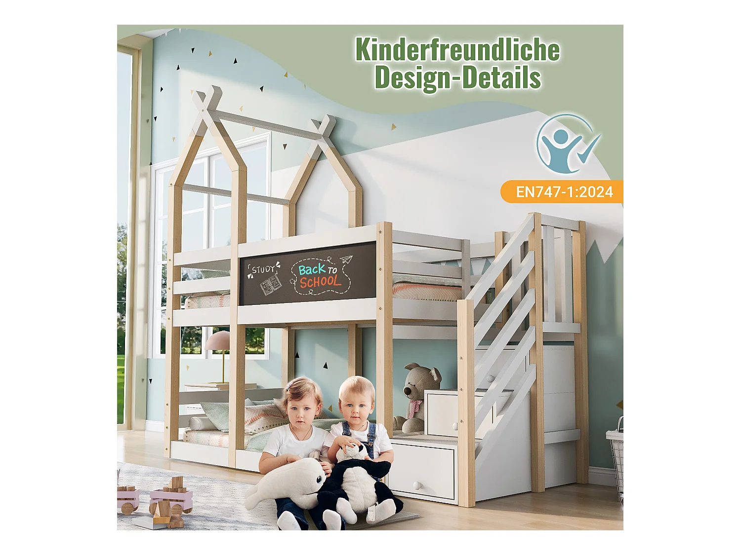 Kinderstapelbed - 2 x 90 x 200 cm - boomhut - opbergruimte in de trap - wit