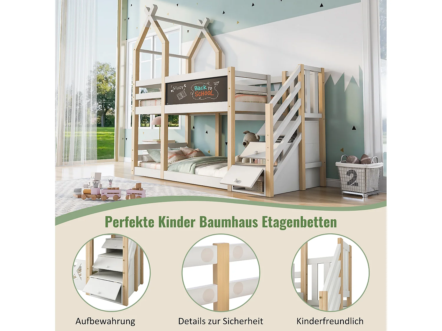 Lit superposés enfant - 2 x 90 x 200 cm - cabane dans les arbres - rangements dans l'escalier - blanc