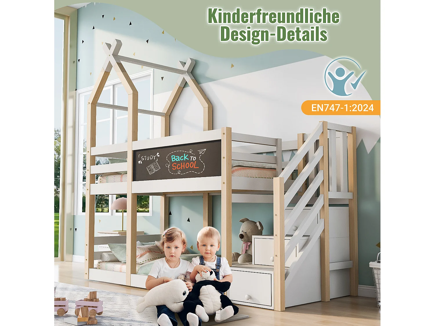 Lit superposés enfant - 2 x 90 x 200 cm - cabane dans les arbres - rangements dans l'escalier - blanc