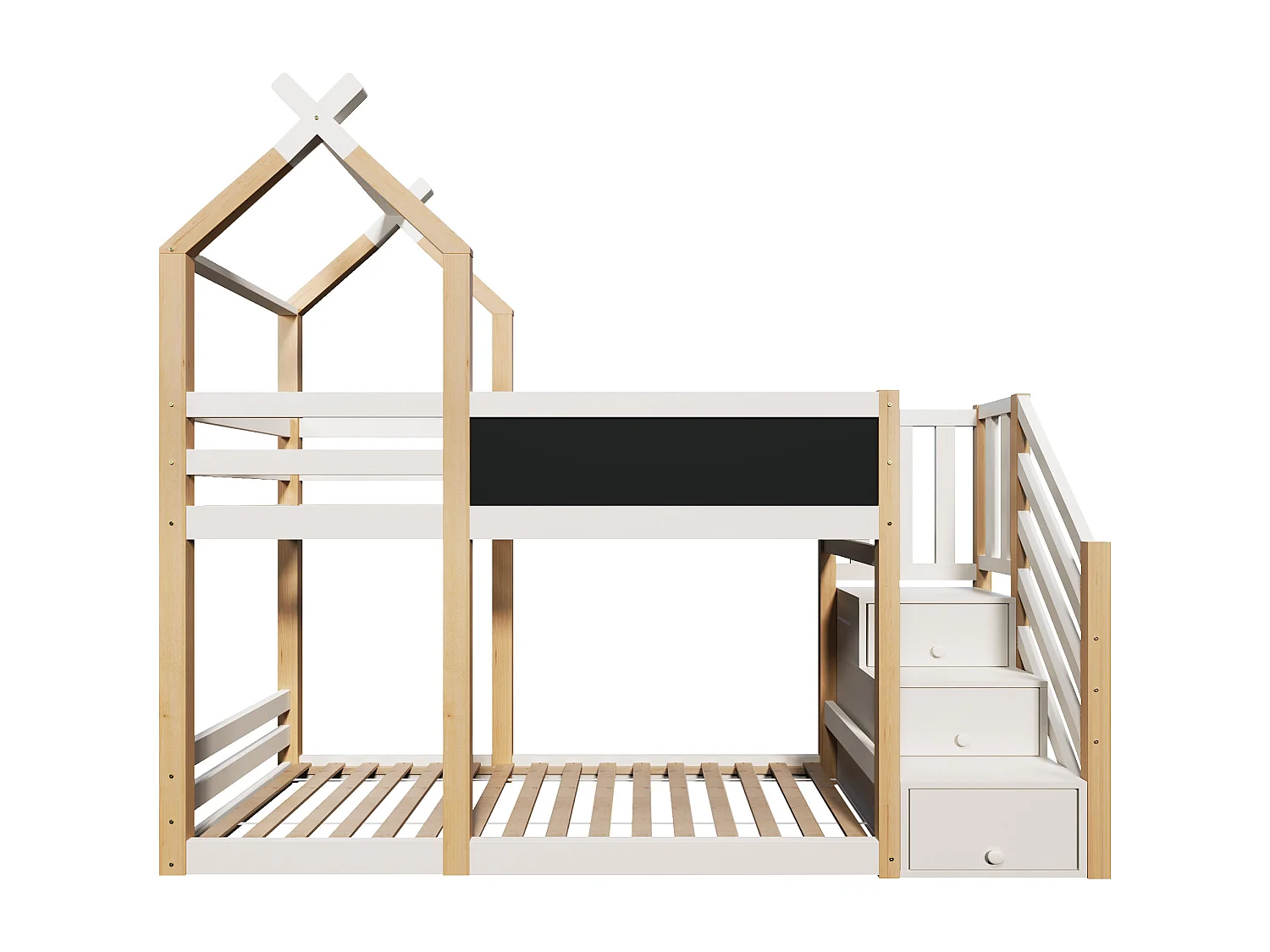 Lit superposés enfant - 2 x 90 x 200 cm - cabane dans les arbres - rangements dans l'escalier - blanc