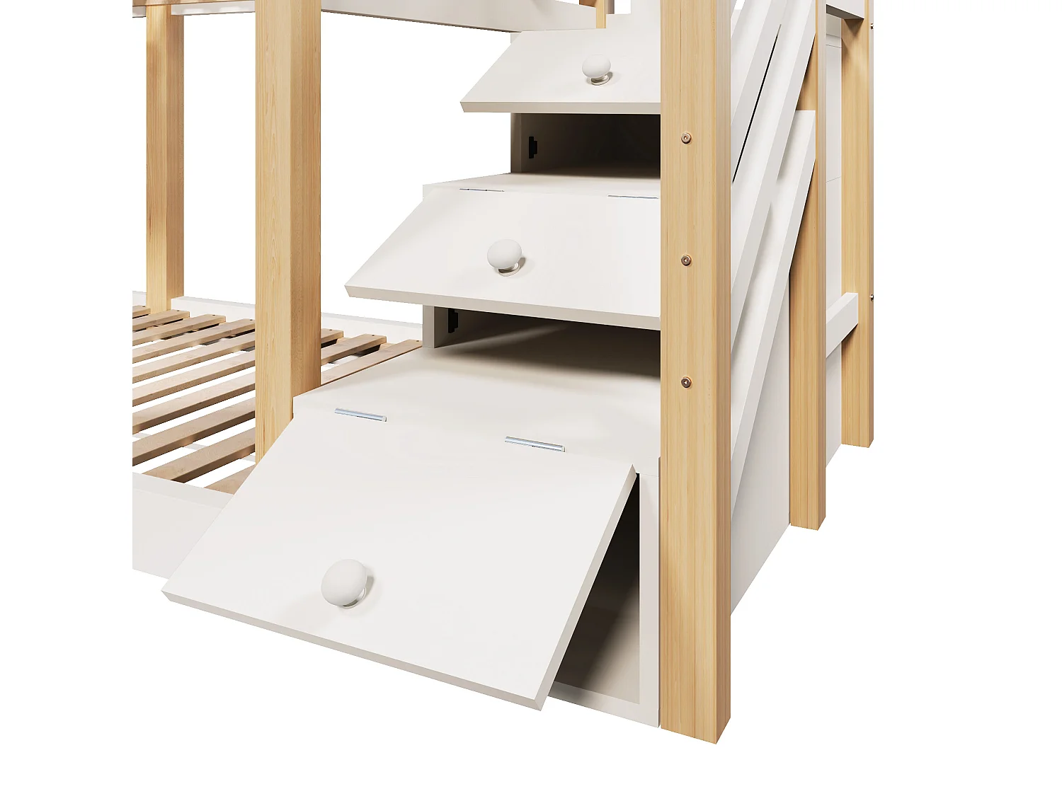 Lit superposés enfant - 2 x 90 x 200 cm - cabane dans les arbres - rangements dans l'escalier - blanc