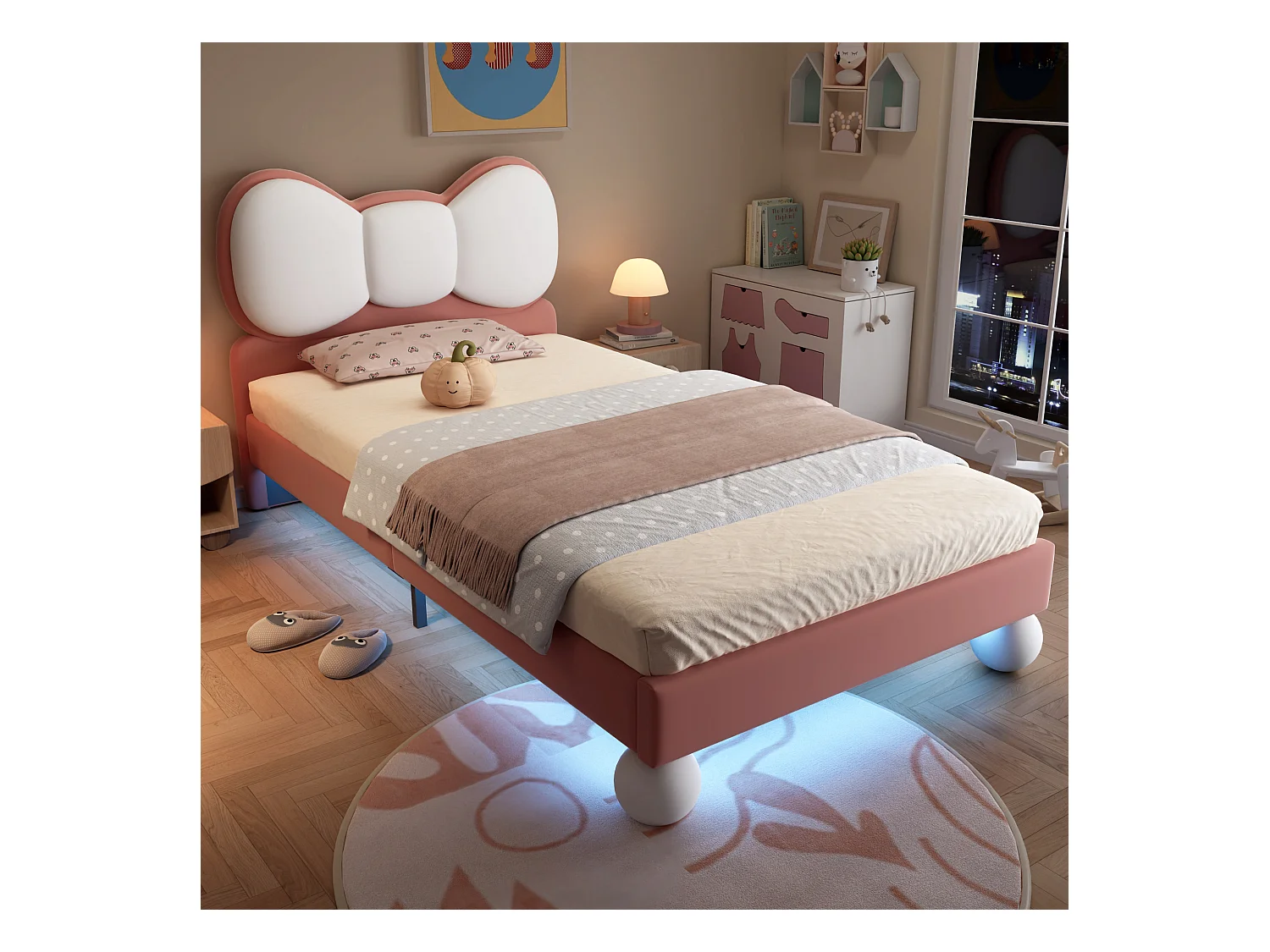 Kinder-Polsterbett - 90 x 200 cm - mit Schleifenkopfteil + LEDs - PU - rosa