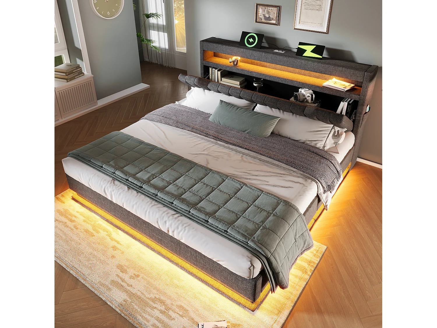 Lit coffre en lin gris 140x200 cm avec ports USB et Type-C, éclairage LED et matelas