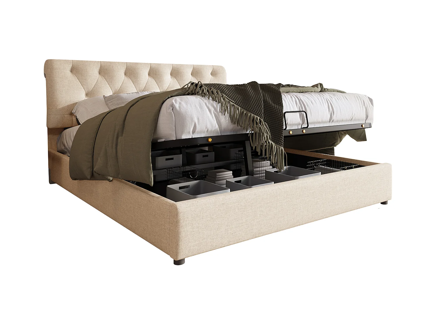 Lit coffre double tapissé - 140 x 200 cm - tête de lit réglable - rangement hydraulique - lin - naturel