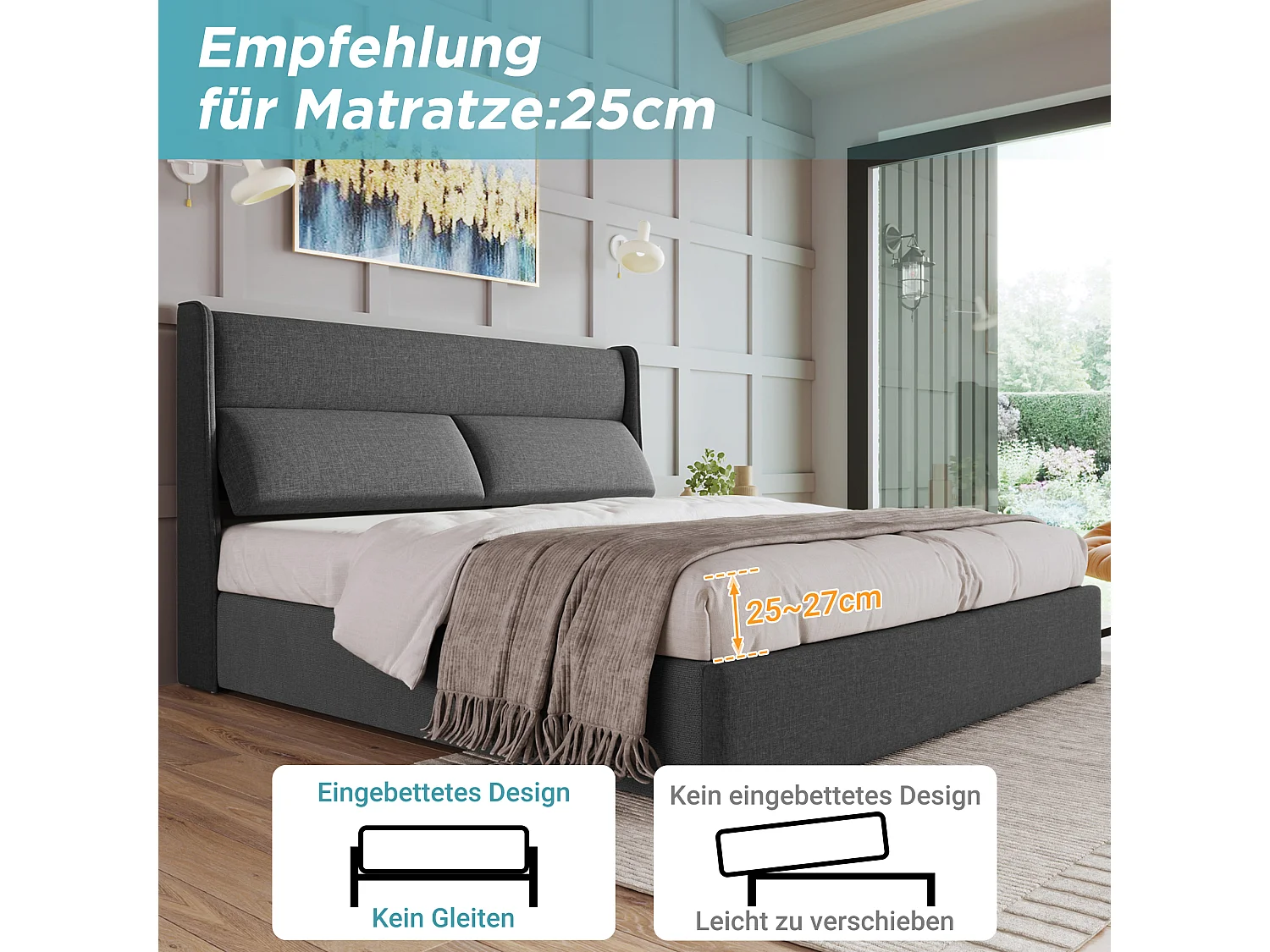 Gepolstertes Doppelbett mit Stauraum - 160 x 200 cm - mit verstellbaren Kopfstützen - hydraulischer Stauraum - Leinen - Grau