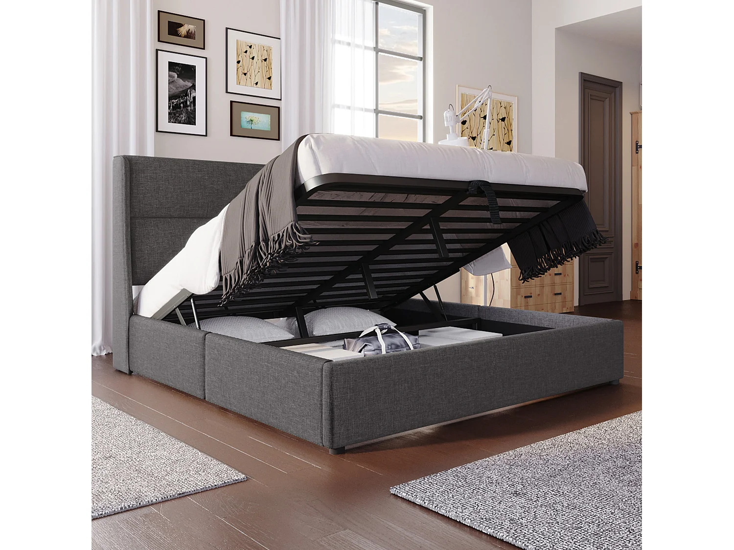 Gepolstertes Doppelbett mit Stauraum - 160 x 200 cm - mit verstellbaren Kopfstützen - hydraulischer Stauraum - Leinen - Grau