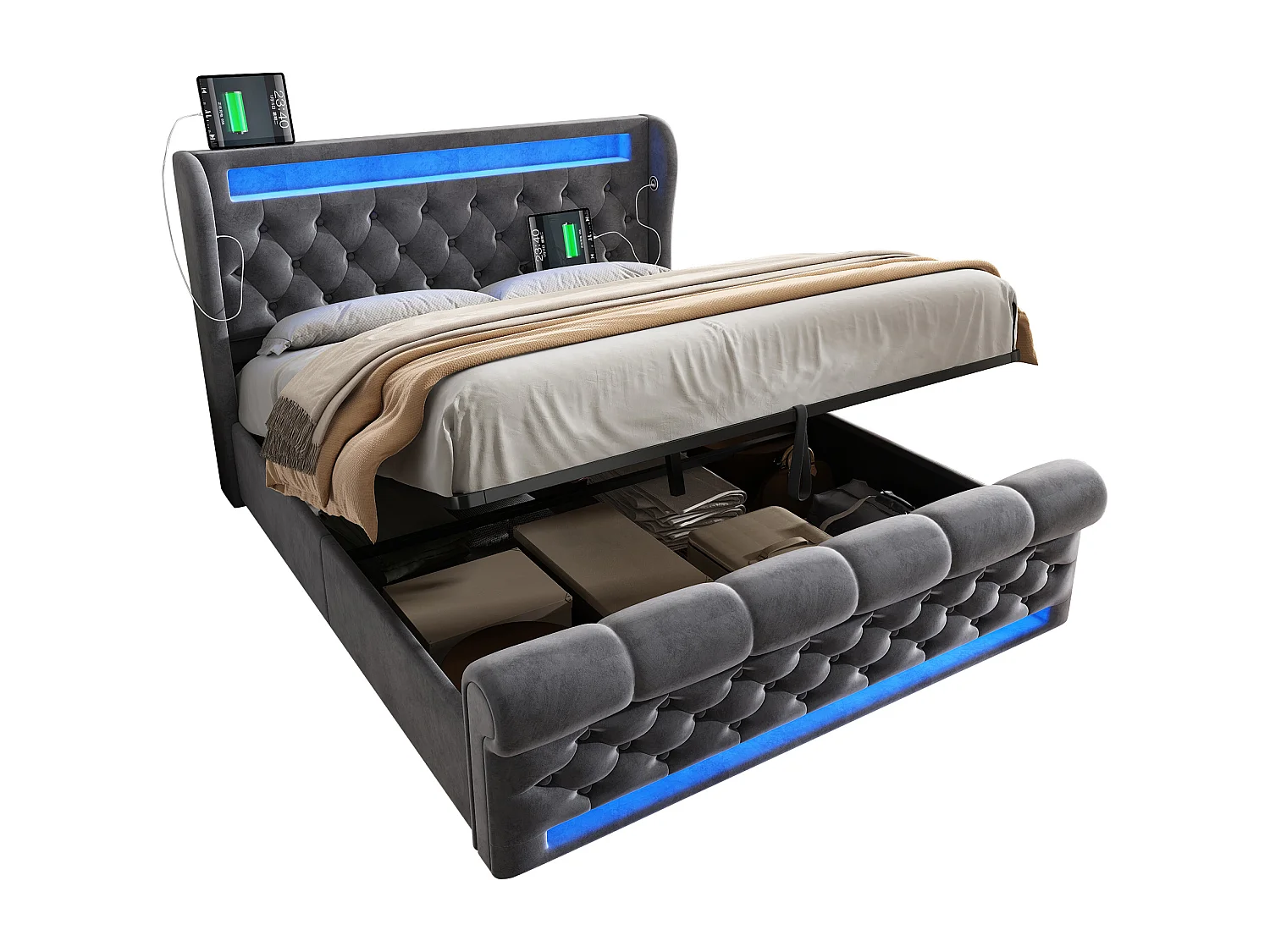 Lit coffre en velours gris 140 x 200 cm avec éclairage LED, ports USB et Type-C, rangement hydraulique