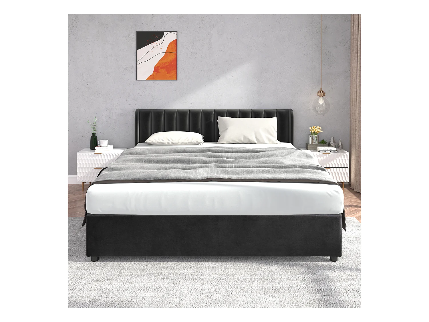 Polsterbett mit Stauraum - 180 x 200 cm - mit Lattenrost + Rückenlehne + 2 Schubladen - Samt - Schwarz