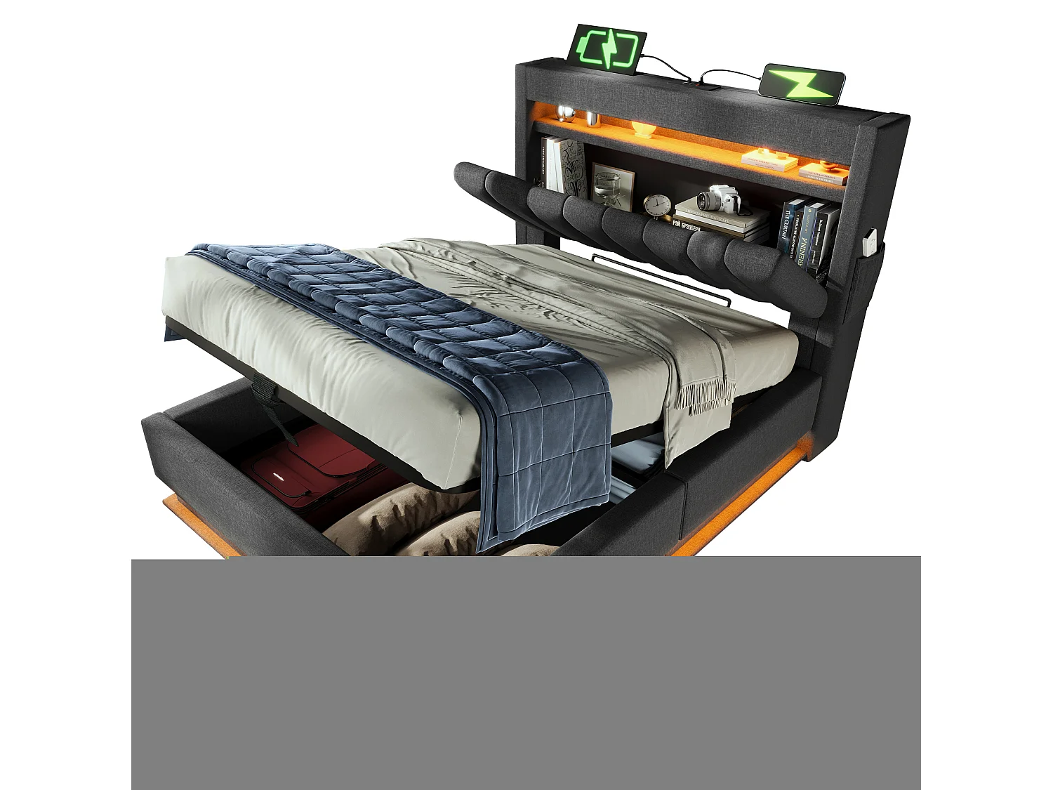 Letto contenitore in lino grigio 90x200 cm con porte USB e Type-C, illuminazione a LED e materasso