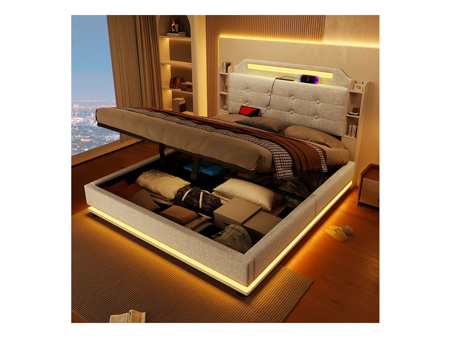 Lit coffre en lin beige 140x200cm avec éclairage LED et rangements (sans matelas)