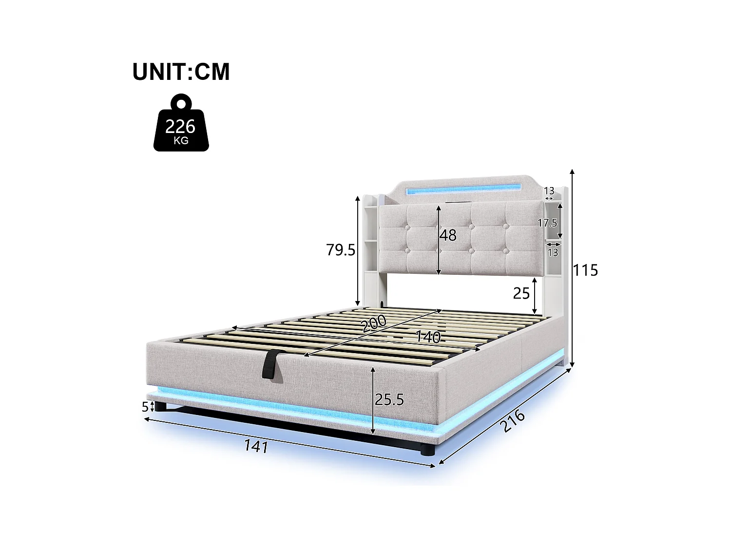 Lit coffre en lin beige 140x200cm avec éclairage LED et rangements (sans matelas)