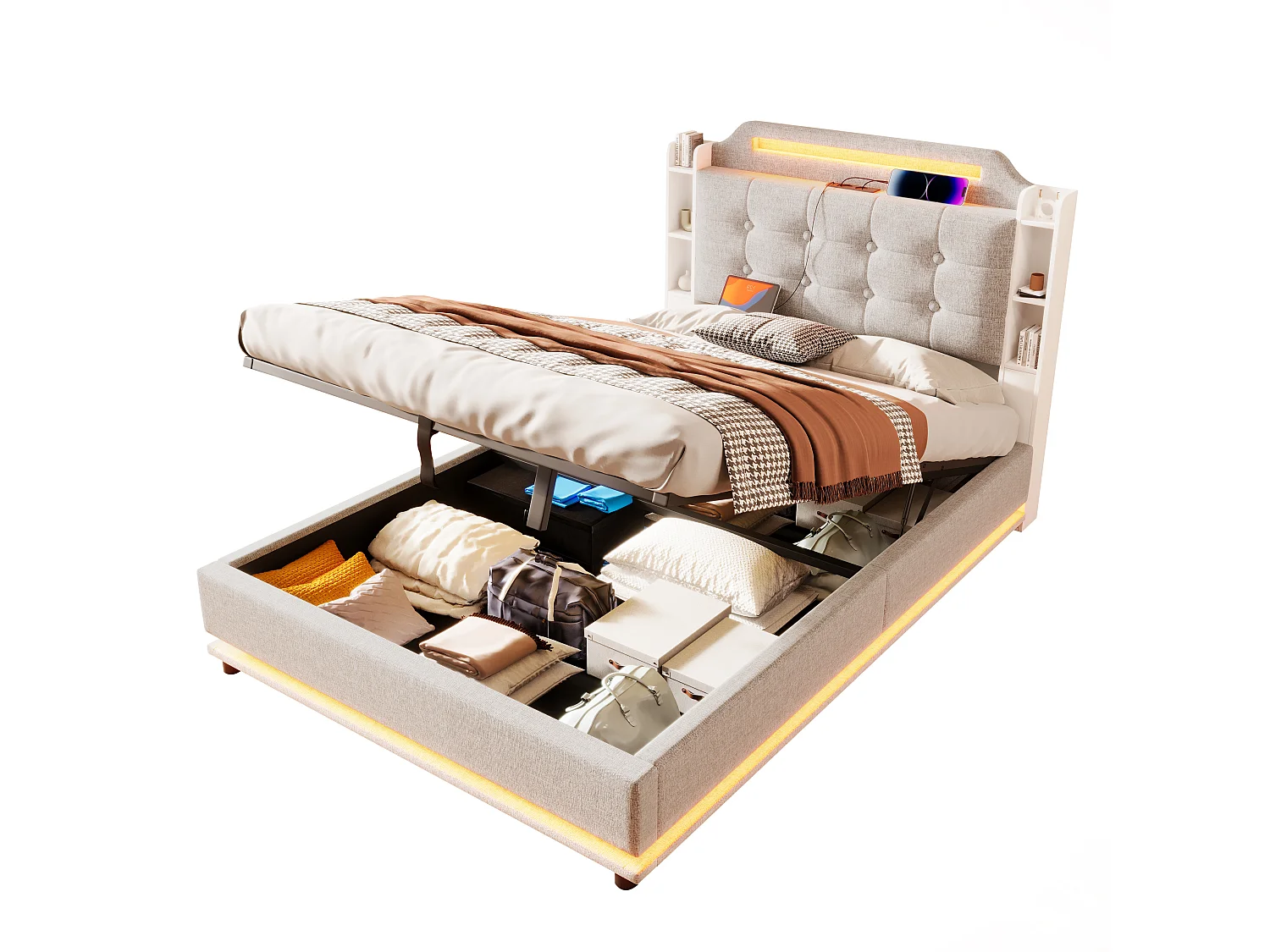 Lit coffre en lin beige 140x200cm avec éclairage LED et rangements (sans matelas)